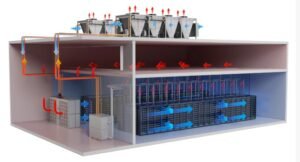 Cutaway of a data center cooling system showing blue cool air moving through servers and red warm air rising to top fans.