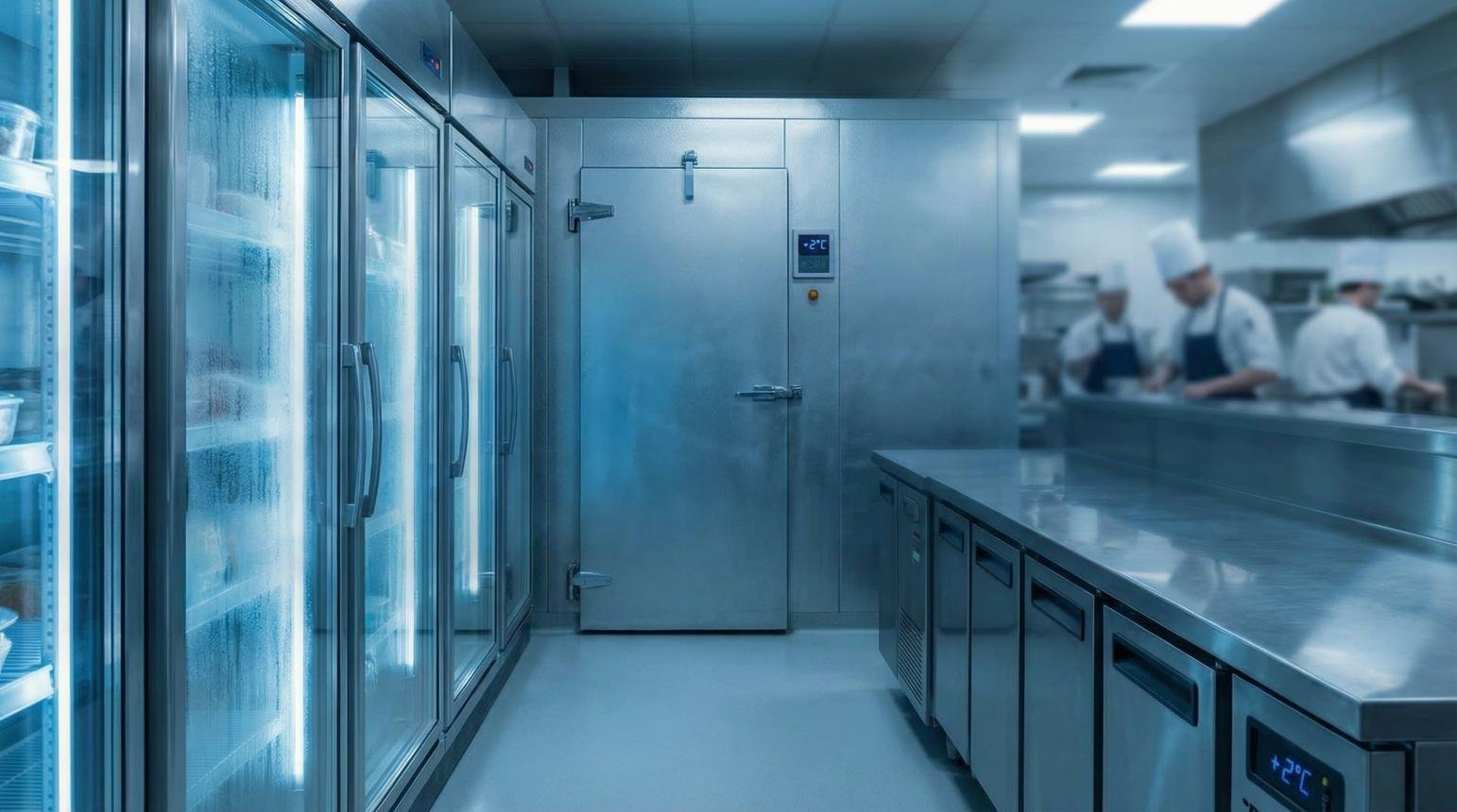 Industrial stainless steel kitchen with walk-in cold storage doors on the left and chefs working in the background, a cool blue tone throughout.